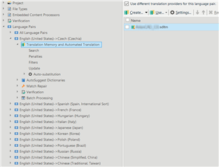 Screenshot of Trados Studio showing a list of language pairs in a project template without the associated translation memories or custom settings.
