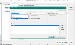 Trados Studio screenshot showing the English (United States) Language Settings dialog box with segmentation rules options for Before break, After break, Include, and Exclude.