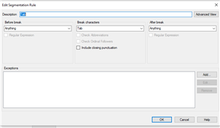 Screenshot of Trados Studio's Edit Segmentation Rule window with options for Before Break, Break Characters, and After Break with no visible errors.