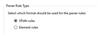 Trados Studio parser rule type selection with options for XPath rules and Element rules.
