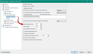 Trados Studio project settings window with Verification settings tab open, showing a checked box for 'Check for terms without the target term equivalent' and a minimum match value field set to 70%.