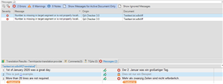 Trados Studio interface showing a locked segment #2 with a padlock symbol, and no error messages displayed.