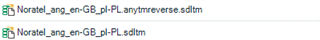 Screenshot showing two Trados Studio files: 'Noratel_ang_en-GB_pl-PL.anytmreverse.sdltm' and 'Noratel_ang_en-GB_pl-PL.sdltm'.