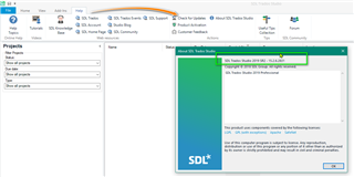 Trados Studio screenshot showing the 'Help' tab selected with a drop-down menu displaying 'About Trados Studio 2021 SR2 - 16.2.10.9305' highlighted, indicating the software version.