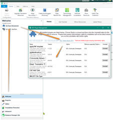 Screenshot of Trados Studio's project management page, with an error message window in the foreground stating 'An error occurred whilst trying to determine the file version.'