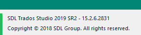 Close-up of SDL Trados Studio 2019 SR2 version number 15.2.6.2831 displayed on the software.
