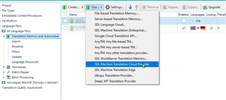 Trados Studio project settings menu with a dropdown list showing 'SDL Machine Translation Cloud' as an installed provider.