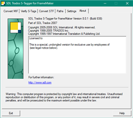 Screenshot of SDL Trados S-Tagger for FrameMaker showing version 8.0.1 and copyright information with a warning message about unauthorized reproduction at the bottom.