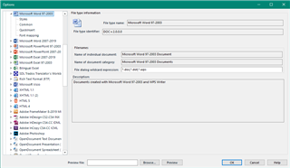 Trados Studio Options dialog showing File Types section with Microsoft Word 2007-2019 selected, indicating support for .docx files.