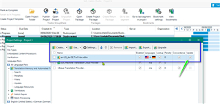 Trados Studio interface showing a project's files with one file highlighted and an arrow pointing to the 'Update' button in the Translation Memories section.