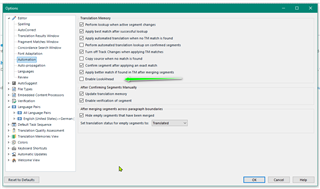 Trados Studio Options menu with Translation Memory settings displayed, no errors visible.