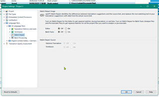 Trados Studio Project Settings window showing Match Repair options, screen is error-free.