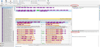 Screenshot of Trados Studio interface showing the window manager with tabs on the right and a translation grid in the center. Two tabs are circled in red, indicating where to click to close them.