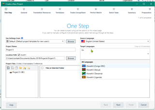 Trados Studio 'Create a New Project' window showing 'One Step' setup. Source language set to English. Target languages list includes Kiswahili (Congo DRC), Kiswahili (Kenya), and Kiswahili (Uganda).