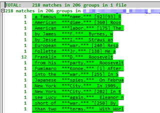 Screenshot of PowerGrep program showing a list of matches with words ending in a period. The total count of matches is 218 in 206 groups.