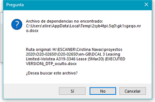 Error message in Trados Studio stating 'Archivo de dependencias no encontrado' with file path and options to search for the file.