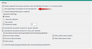 Trados Studio settings window with an arrow pointing to an unchecked option labeled 'Include segmentation information in the translated file'.