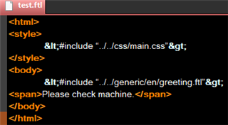 Screenshot of Trados Studio showing HTML code with entity names for reserved characters in a test.ftl file. A warning message 'Please check machine.' is visible.