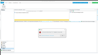 Trados Studio 2019 error message dialog box over the editor window, displaying 'Le format de l'entr e d'index n'est pas valide' with an OK button.