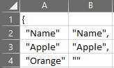 Excel spreadsheet showing JSON structure with keys in column A and values in column B, including 'Name', 'Apple', and 'Orange'.