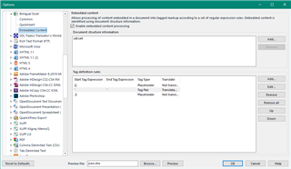 Trados Studio options menu with selected file type settings for Bilingual Excel showing tag verification and path rules.