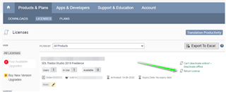 Screenshot of Trados Studio license management page showing available licenses, with a green arrow pointing to the 'Reset' button.