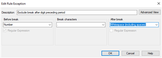 Trados Studio Edit Rule Exception dialog box with 'Exclude blank after digit preceding period' in the Description field and 'Whitespace (including spaces)' selected in the After break dropdown.