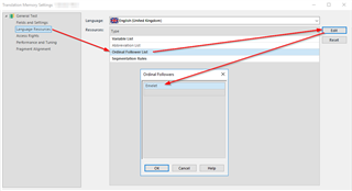 Trados Studio Translation Memory Settings window with 'Ordinal Followers' dialog box open showing 'Emelet' entered in the list.