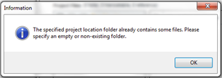Information dialog box in Trados Studio warning that the specified project location folder already contains some files and asks to specify an empty or non-existing folder.