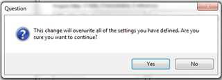 Question dialog box in Trados Studio asking for confirmation that the change will overwrite all of the settings defined and whether the user wants to continue.