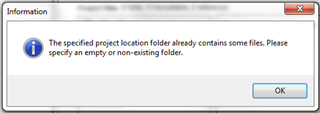 Information dialog box in Trados Studio warning that the specified project location folder already contains some files and asks to specify an empty or non-existing folder.