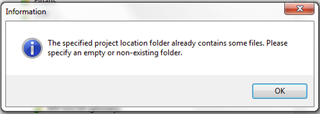 Information dialog box in Trados Studio warning that the specified project location folder already contains some files and asks to specify an empty or non-existing folder.