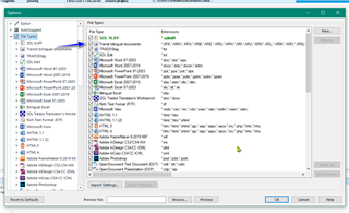 Trados Studio File Options window showing File Types list with various file formats and their extensions.