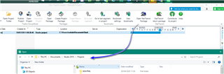 Trados Studio main interface with a blue arrow pointing from the 'Open Package' button to the 'Projects' view where a package file is highlighted.