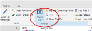 Screenshot of Trados Studio interface highlighting the 'Finalize' option within the 'Batch Tasks' dropdown menu.