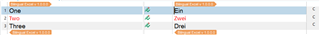 Screenshot of Trados Studio showing a comparison of text segments with 'One', 'Two', 'Three' in the source column and 'Ein', 'Zwei', 'Drei' in the target column, indicating a language translation from English to German.
