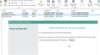 Trados Studio screenshot showing the 'Return Package Files' dialog with a message 'Please select files for the return package' and a file path input field.