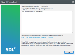 SDL Trados Studio 2019 SR2 version information window showing copyright and license details.