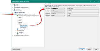 Trados Studio settings window with 'Specific Language Directions' selected, showing date format settings for 'English (United States) - German (Germany)'.