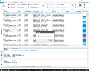 Trados Studio screenshot with an error message popup saying 'Please select a different project template'. The background shows a list of file types with some marked as 'Imported'.