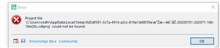 Error message window showing 'Project file could not be found' with a file path containing non-ASCII characters and a Knowledge Base for Community link.