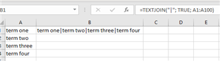Excel spreadsheet with a function in cell B1 that joins text from cells A1 to A100 separated by a pipe character.