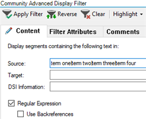 Trados Studio Advanced Display Filter dialog box showing a filter for segments containing a specific text string.