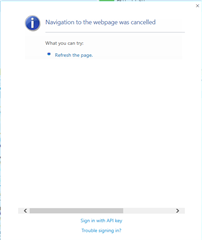 Error message on Trados Studio Language Cloud Sign In screen stating 'Navigation to the webpage was cancelled' with an option to 'Refresh the page.'