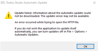 Warning dialog from SDL Trados Studio Automatic Update stating 'Update failed. Information about the automatic update could not be downloaded. The update server may not be available.' with an 'OK' button.