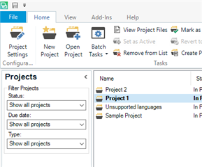 Close-up of Trados Studio's project filter options with 'Show all projects' selected, displaying a list of projects including 'Project 1' and 'Sample Project'.