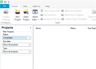 Trados Studio filter settings with 'Status: Completed' selected, showing an empty project list indicating no completed projects are present.
