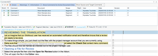 Trados Studio screenshot showing a docx file with highlighted text and a comment displayed upon mouse hover, indicating a review process for translation.