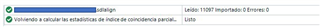 Trados Studio status bar showing a green checkmark indicating successful validation of TM entries, with the message 'Validating the statistics of the TM has been completed' and 'Listo' which means 'Ready'.