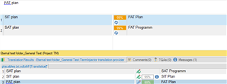 Screenshot of Trados Studio translation memory (TM) results showing 'FAT plan' matched with 'FAT Plan' and 'SAT plan' with 'FAT Programm', indicating different translations for the same source.